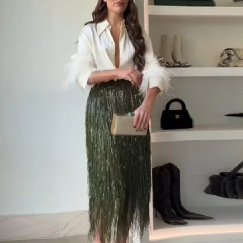 Imagen 2 del producto Falda elegante con borlas verdes brillantes para mujer, vestido de tubo largo y recto ajustado de cintura alta, ropa de fiesta para Club de desplazamiento 2025
