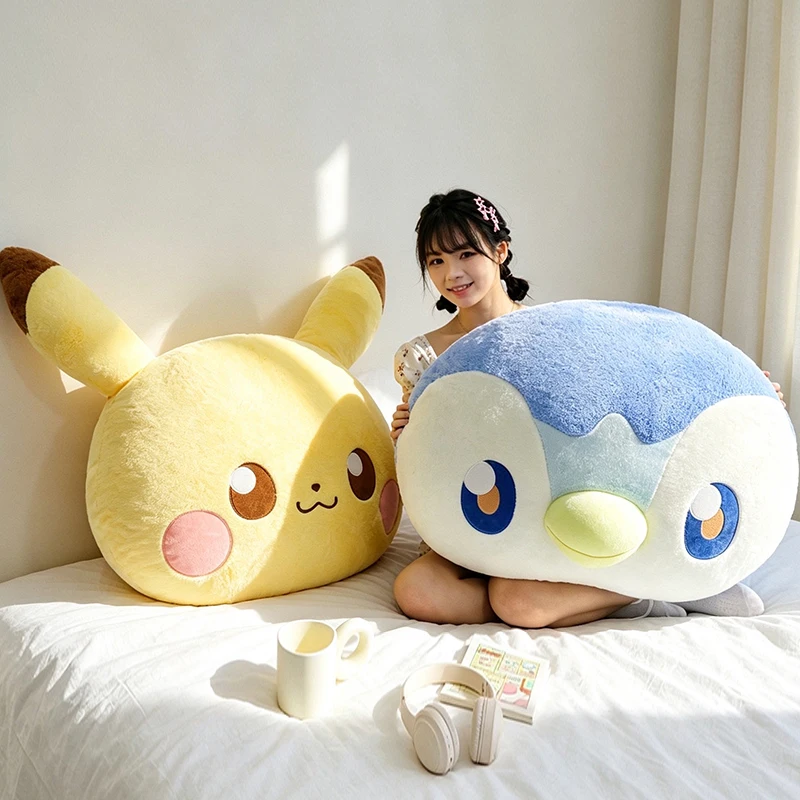 新しいかわいいピカチュウとポッチャマのぬいぐるみ枕セット-ポケモンの漫画風ヘッド型クッション-ソフトプラッシュ-ソファベッド装飾-女の子へのプレゼント