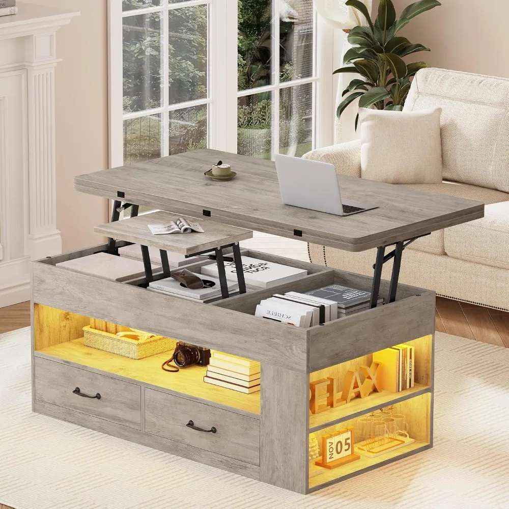 Многофункциональный журнальный столик в фермерском стиле с местом для хранения вещей, 2 тканевыми ящиками и потайным отделением