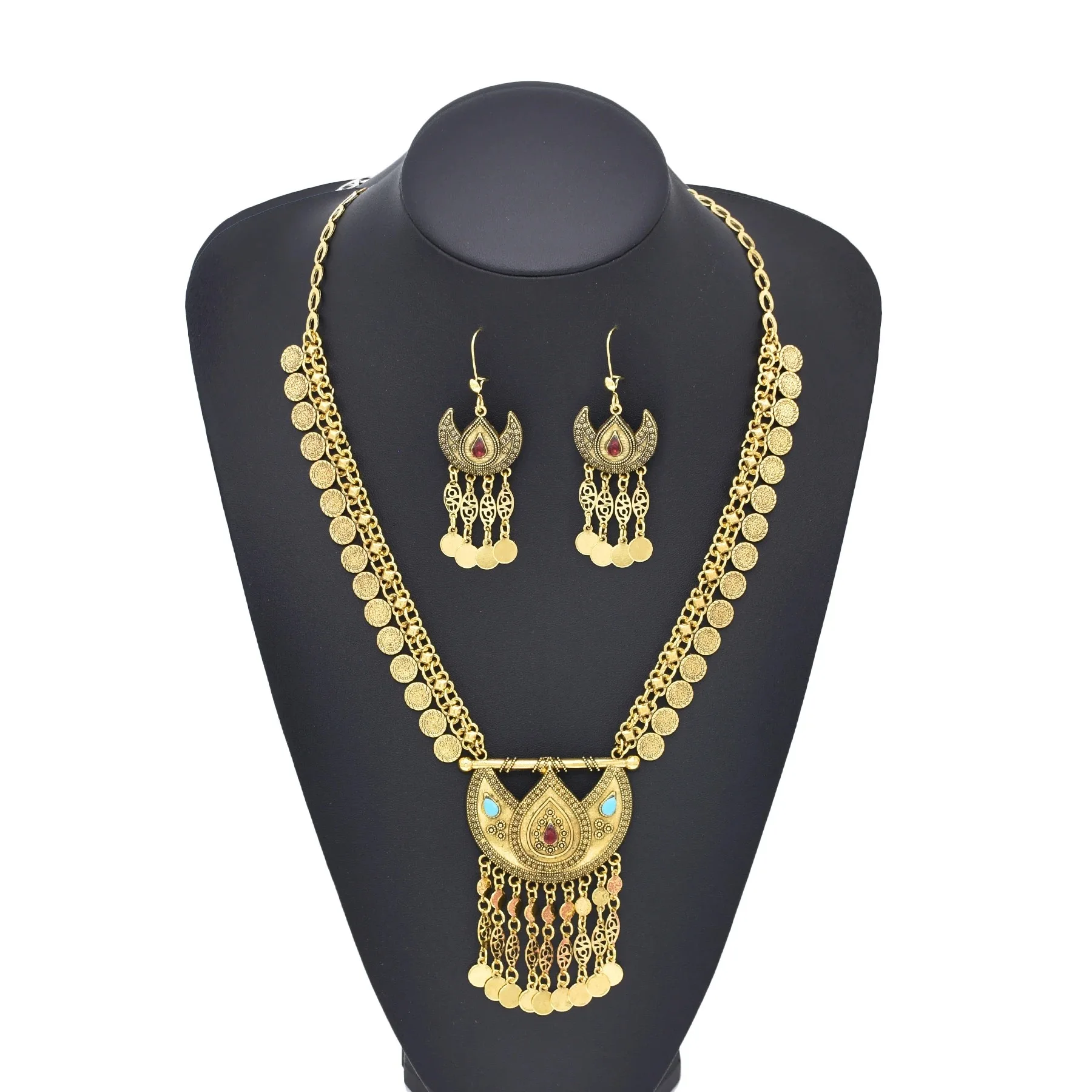 Vintage Gold Coin Long Tassel Necklace Earrings Set for Women Afghan Kurdish Ethnic Tribe Statement Moon Pendant Jewelry Gift