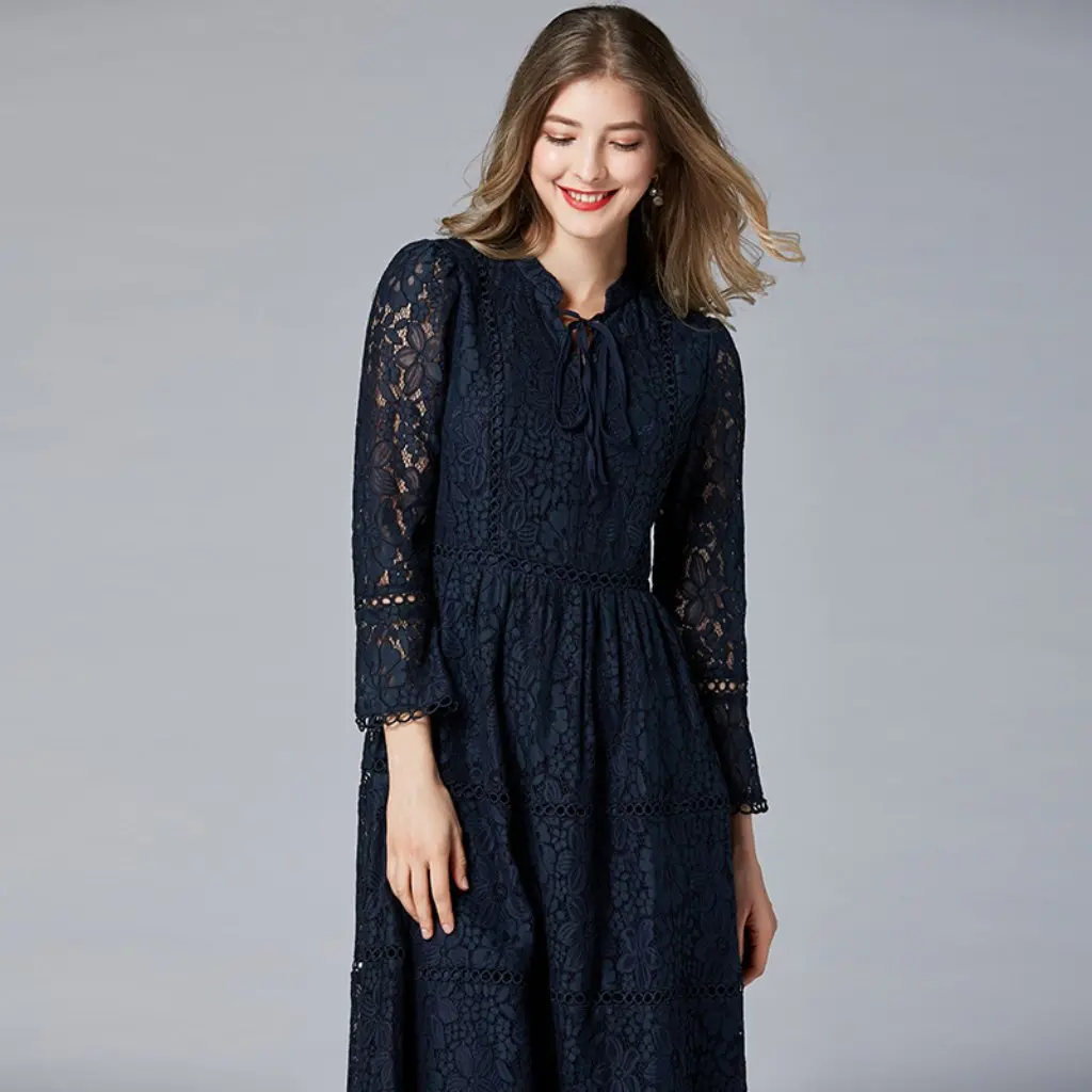 

Large Size Women's Mid-Century Dress Spring Lace Long Gown European American Style Casual Elegant Women's Fashion