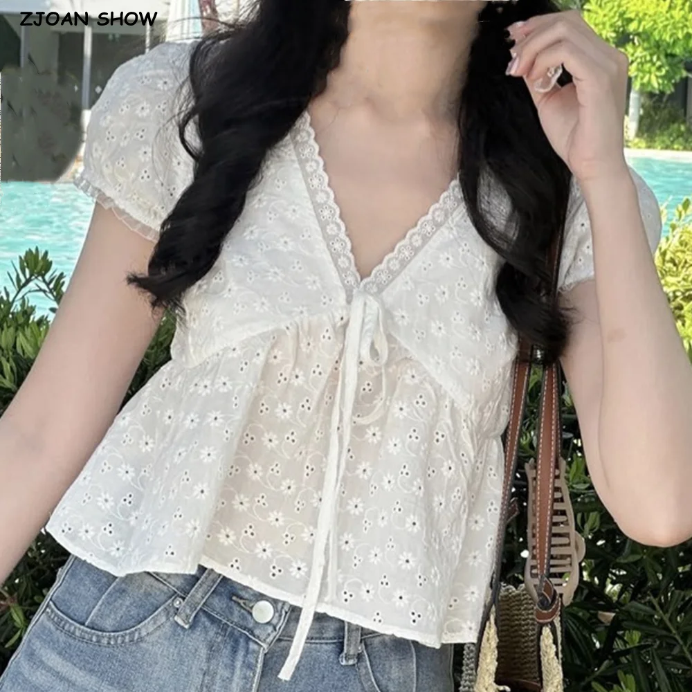 

Sexy White Embroidery Hollow Out Hole Flower Lace V neck Short Sleeve Shirt Women Elastic Back Short Pullover Blouse Tank Tops