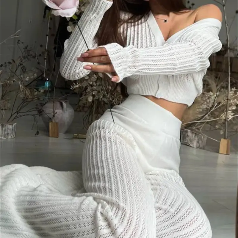 

Осенне-зимние наряды, женский вязаный кардиган с длинными рукавами и v-образным вырезом на пуговицах, топ + широкие полые длинные брюки