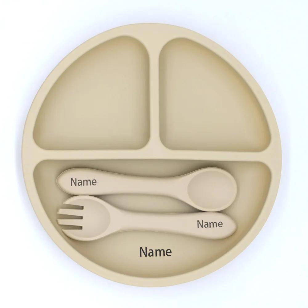 Darmowe nadruki imiennych, silikonowych naczyń dla dzieci: miseczka do karmienia, silikonowy widelec, łyżka, tacka, zestaw do nauki jedzenia, prezent świąteczny.