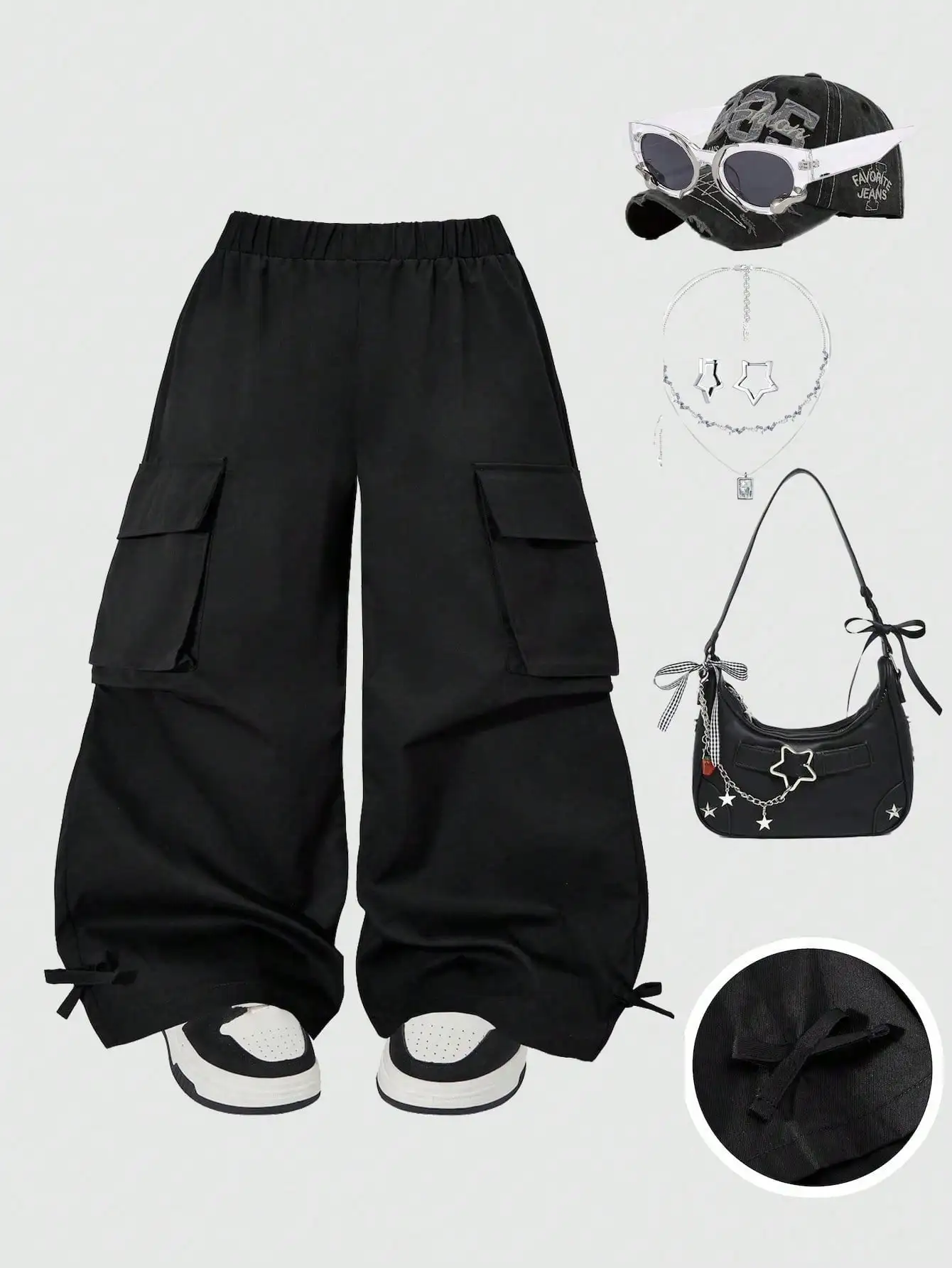 

Black Loose Wide Leg Cargo Pants with Adjustable Cuffs for Teens