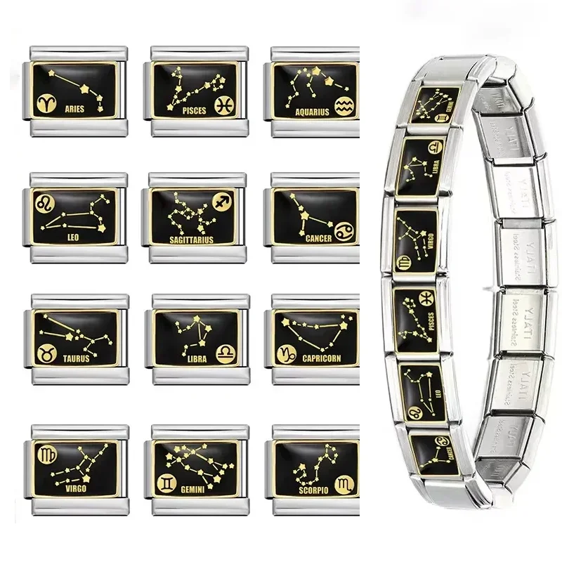 

1Pcs Black Colour 12 Constellation Italian Charms Link Fit 9mm Modular Stainless Steel Bracelets For Women Men Jewelry Wholesale