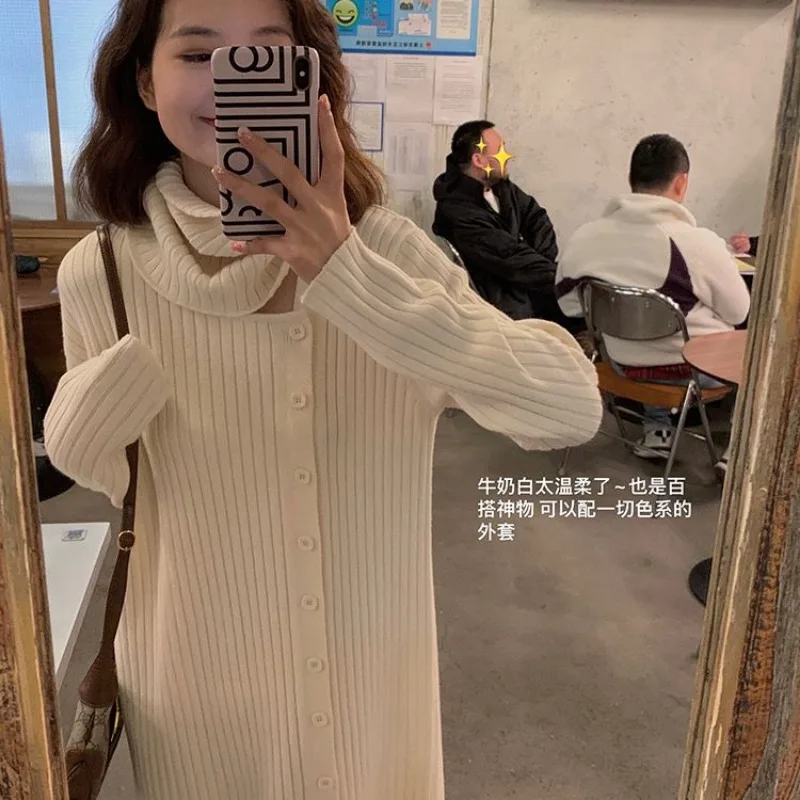 

Sweater dress female version straight knit skirt for autumn! Design sense diagonal placket detachable apron sweater dress female