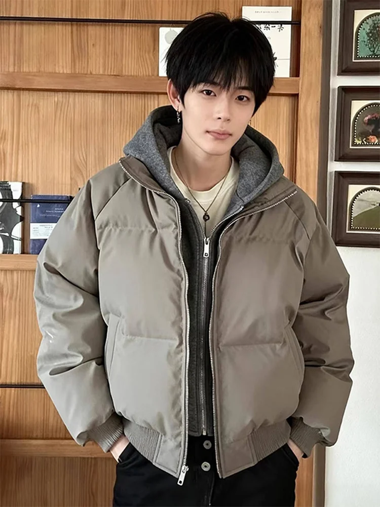 

American Style Men's Thickened Warmth PU Leather Hooded Cotton Jacket Short Bread Style Coat Standard Fit Pure Polyester Wint...