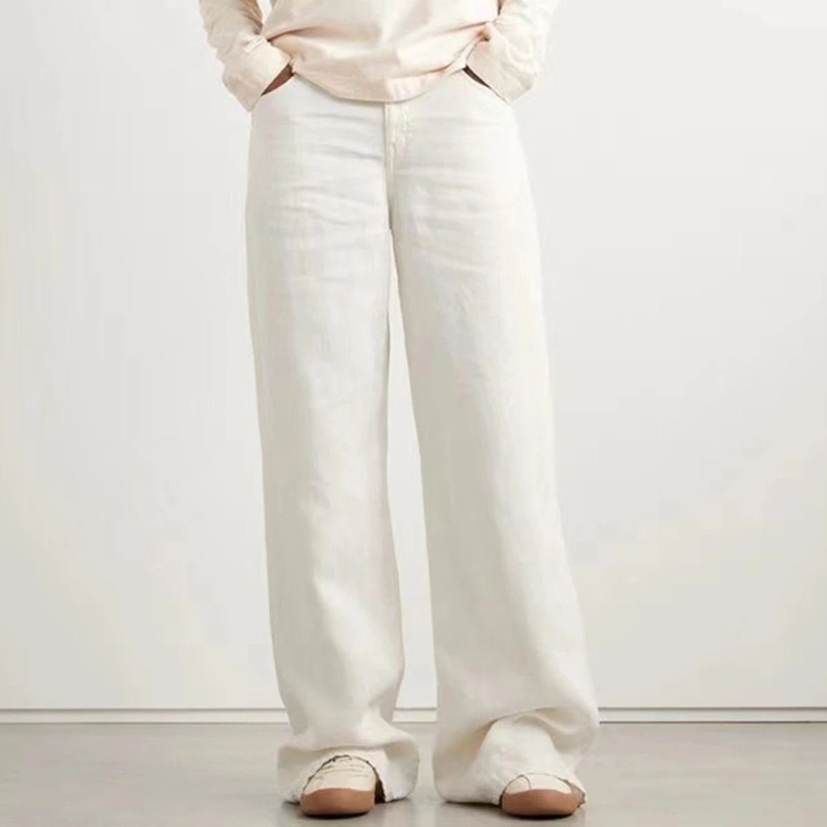 

Jenny&Dave Minimalist Fashionable White Loose Straight Leg Pants Cotton Lyocell Hemp Casual Pants Top Quality Denim Pants Women