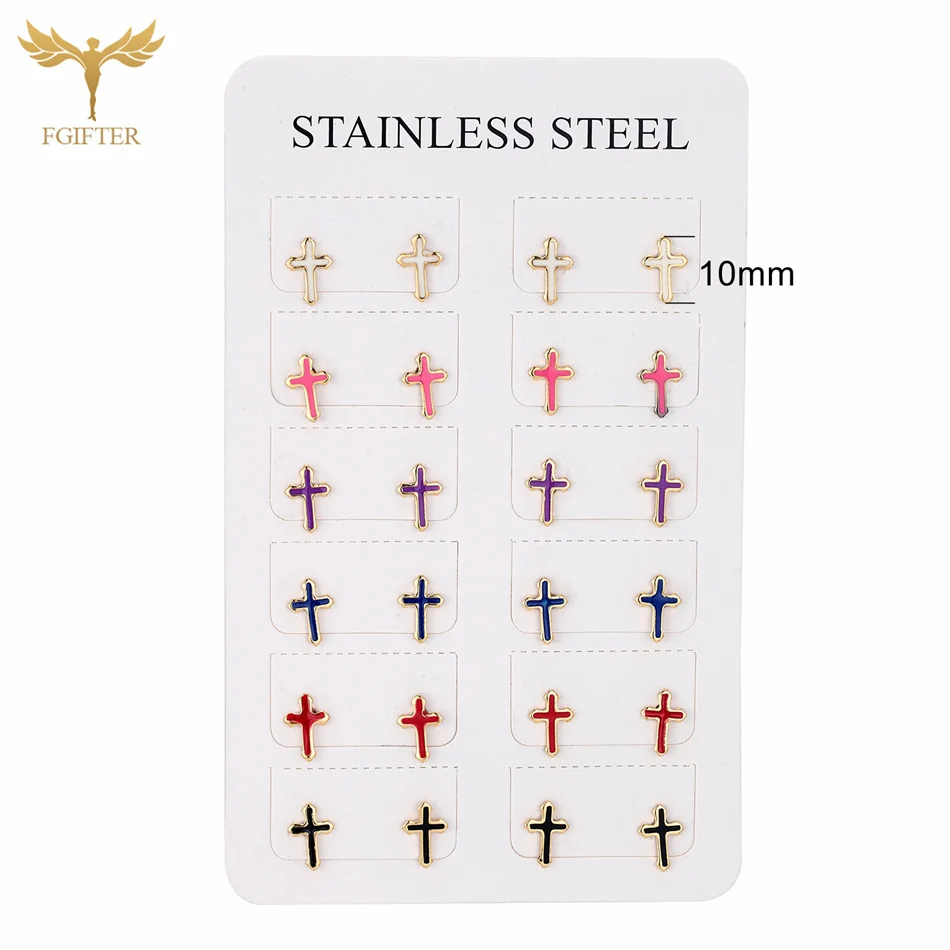 12 Pairs Mixed Colors Stainless Steel Cross Earrings Set Women Christianity Jewelry Golden Small Ear Stud Gifts pendientes acero