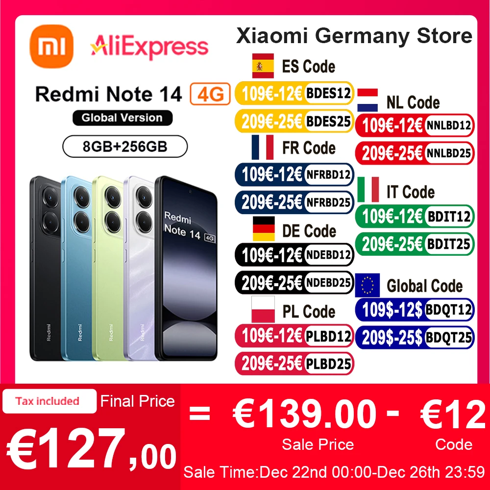 Version mondiale Xiaomi Redmi Note 14 4G NFC Smartphone MediaTek Helio G99-Ultra 108MP AI Caméra 6.67" 120Hz Affichage 5500mAh 33W turbo charge MediaTek Helio G99-Ultra Corning Gorilla Glass 5 Capteur