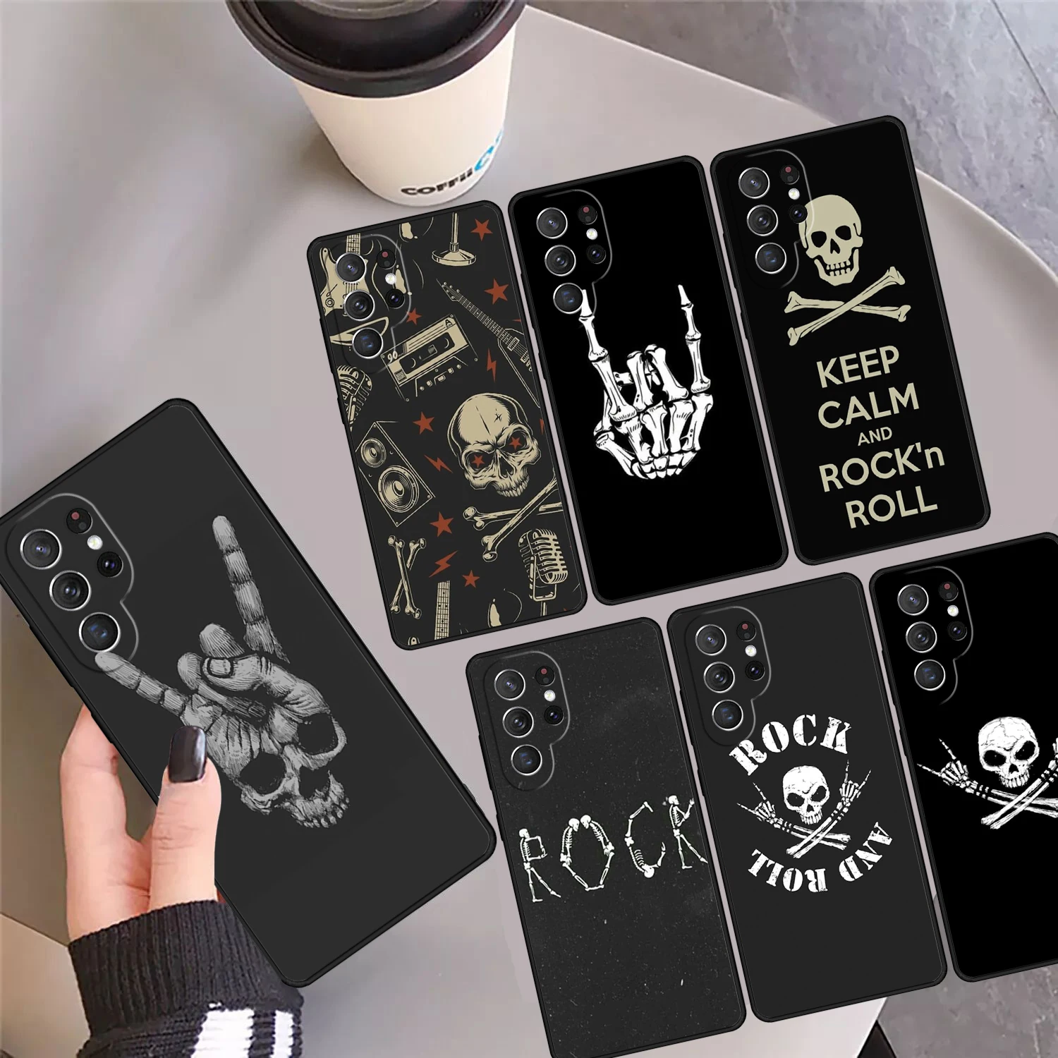 

Rock Roll Skull Phone Case Cover Coque For Samsung Galaxy S24 S25 Ultra S23 S22 Plus S21 FE S20 Note 10 20 Pro