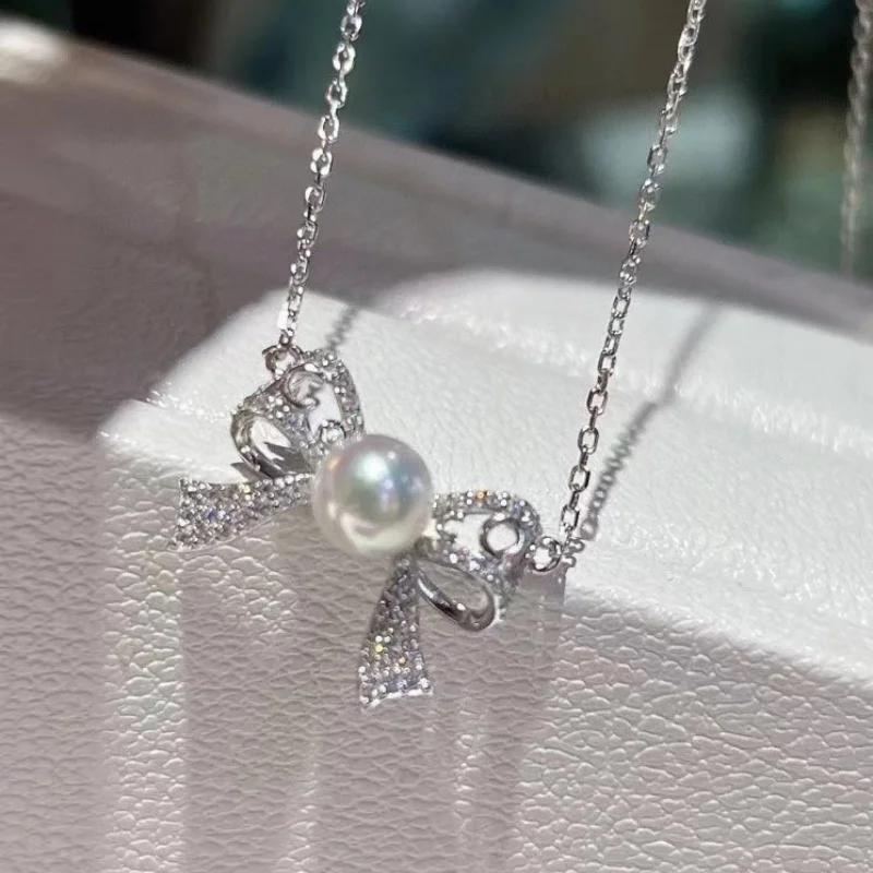 

SGARIT Bow Knot Pendant Necklaces 925 Sterling Silver Ladies Freshwater Pearl Women Clavicle Chain Jewelry Gifts
