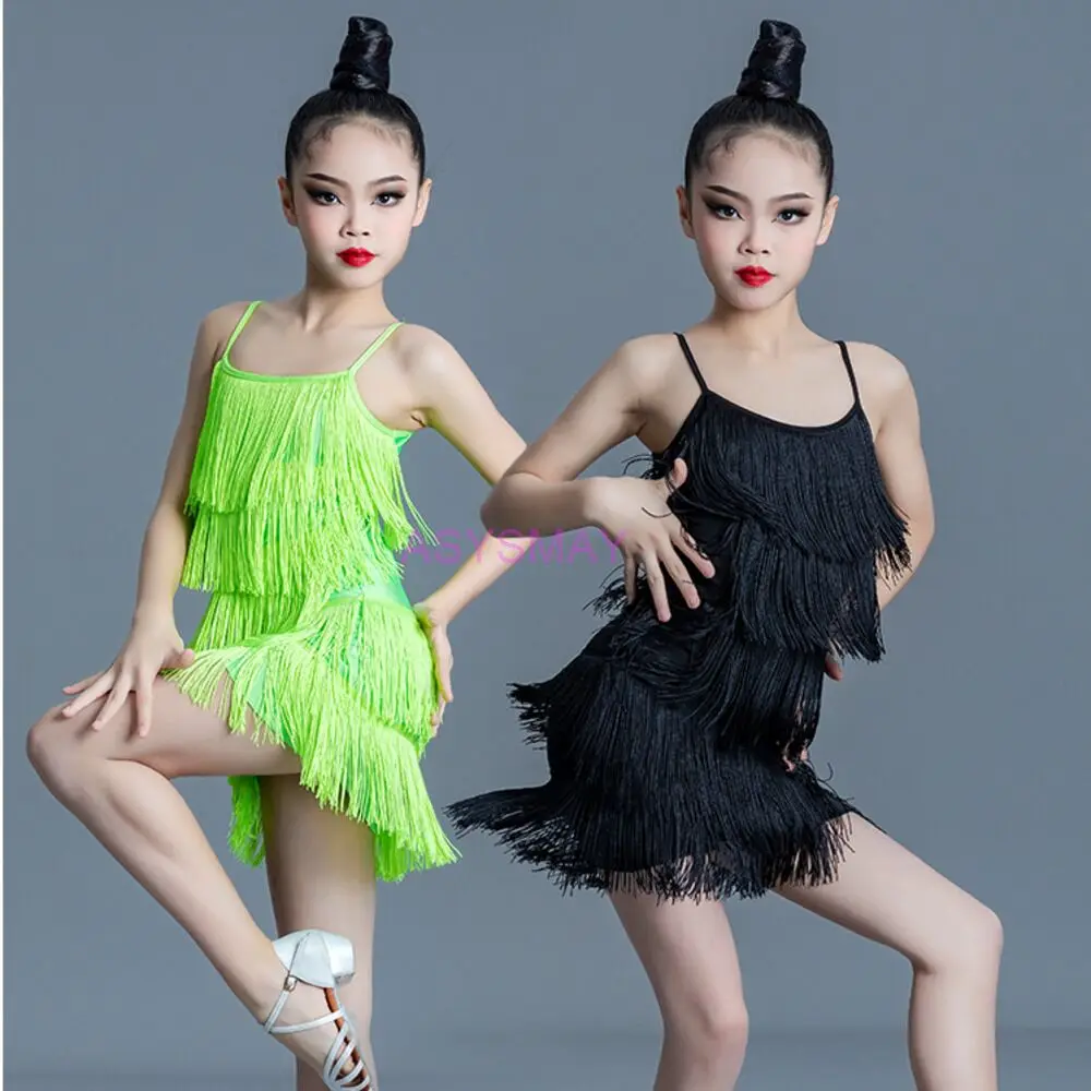 Latin Dance Kleid Für Mädchen Wettbewerb Ballsaal Tanzen Salsa Samba Tango Fransen Quaste Standard Praxis Kostüm Kind Kinder
