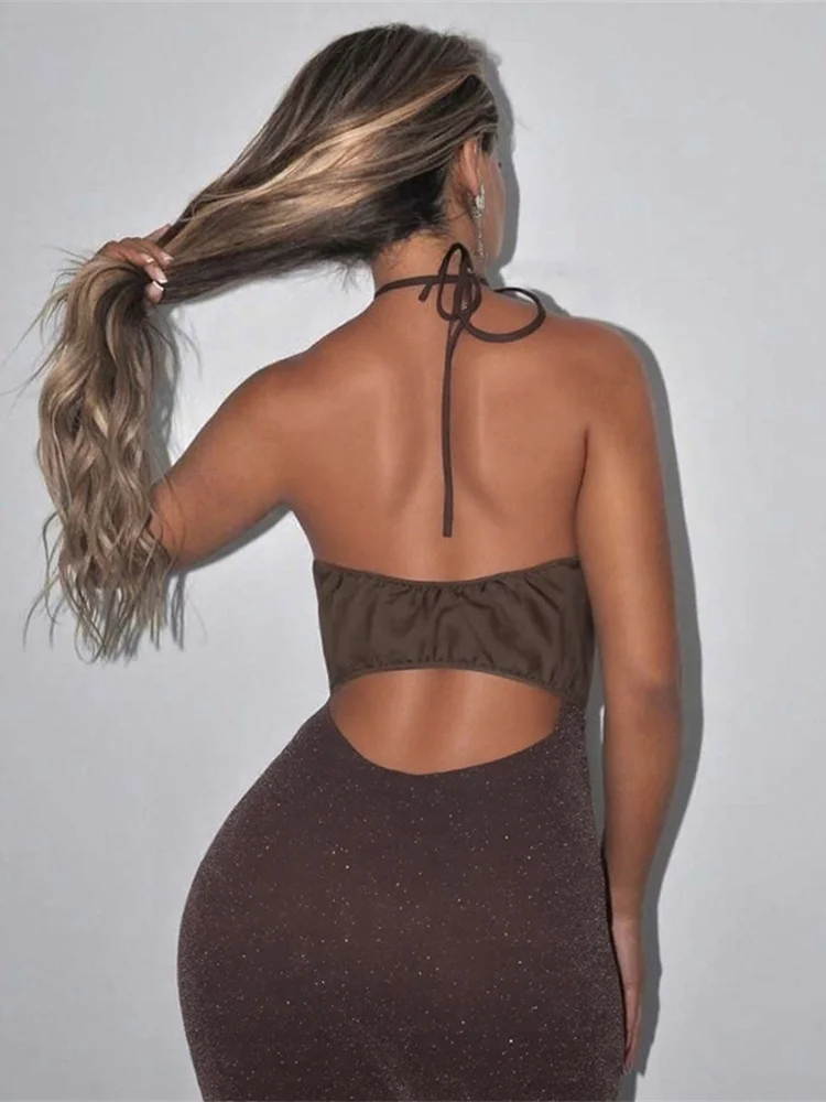 Nibber Halter Lage Hals Metalen Chian Patchwork Jurk Vrouwen Strass Decoratie Vakantie Strandfeest Elegante Middernacht Vestidos