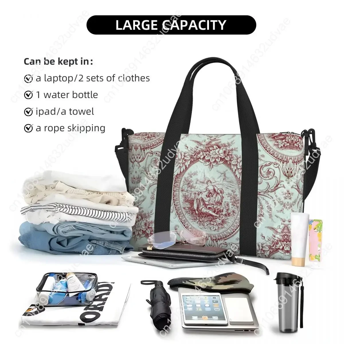 Tas Tote Motif Toile De Jouy Biru Dongker Prancis Kustom, Tas Bahu Wanita Kapasitas Besar, Seni Tradisional, Tas Olahraga, Pantai, dan Perjalanan