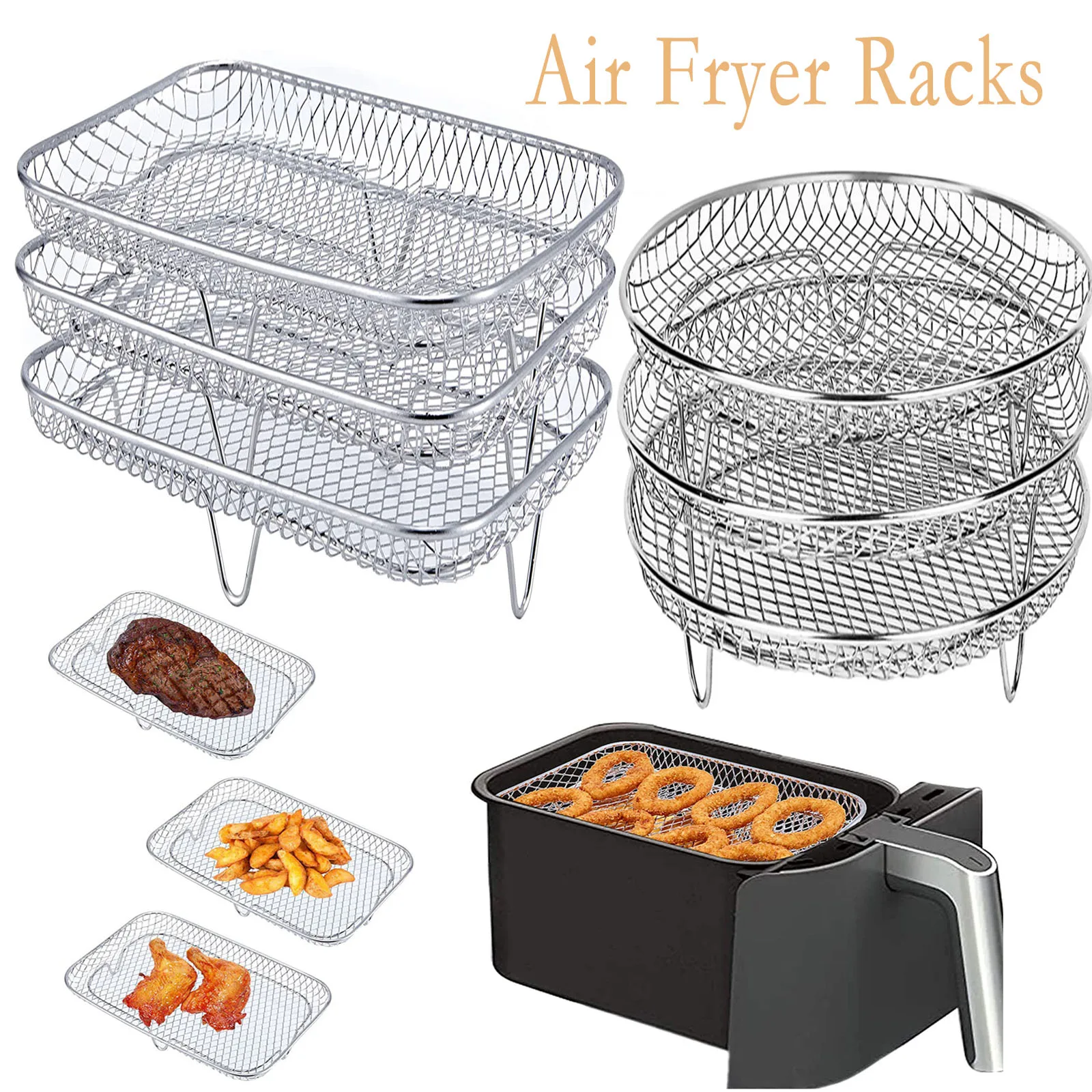 Air Fryer Rack Three Stackable Dehydrator Racks Stainless Steel Basket Tray Air Fryer Accessories Kitchen Gadgets Cooking Tools