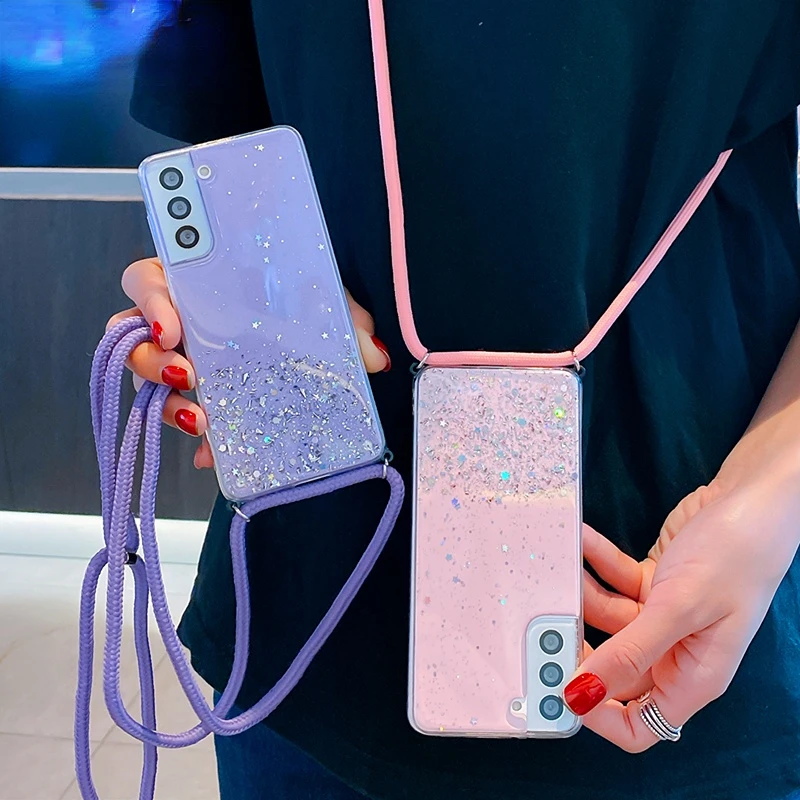 Glitter Necklace Case For OPPO Realme 11 10 9 Pro Plus C53 C55 Find X3 Lite X5 Reno 7 5 6 A54 A94 Crossbody Lanyard Strap Cover