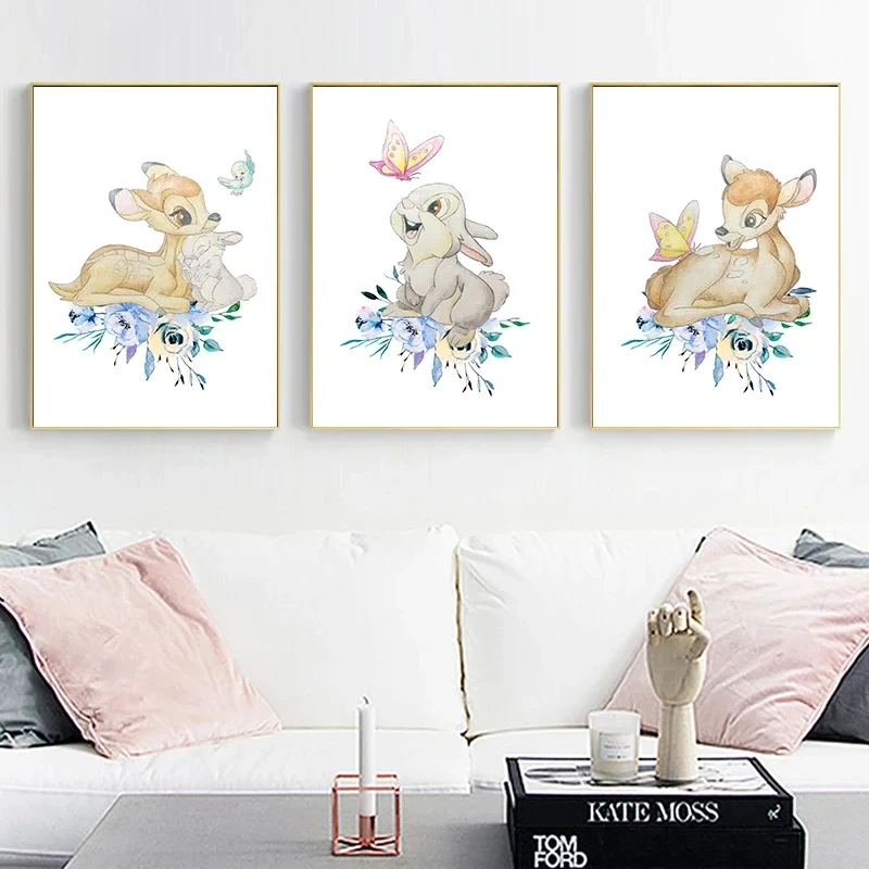 Disney Bambi And Thumper Poster Watercolor Cartoon Figure Wall Art Canvas Painting Prints For Kids Bedroom Nursery Home Decor