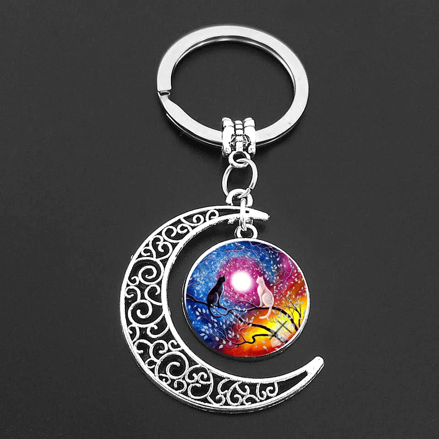 Cute Anime Cat Under Night Sky Keychain with Cat Pendent Fashion Animal Women Purse Bag Car Pendant Key Chain Ring Holder