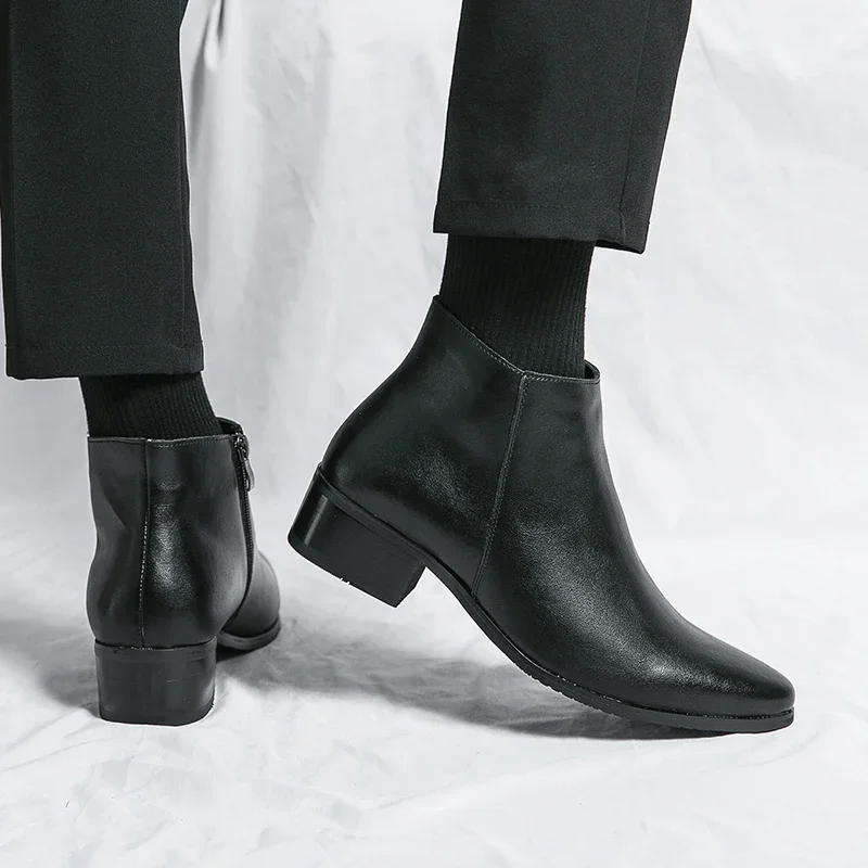 Klassische schwarze Leder-Stiefeletten für Herren und Damen im britischen Stil, Chelsea-Stiefel mit spitzer Zehenpartie, bequeme High-Top-Schuhe – Detail 16