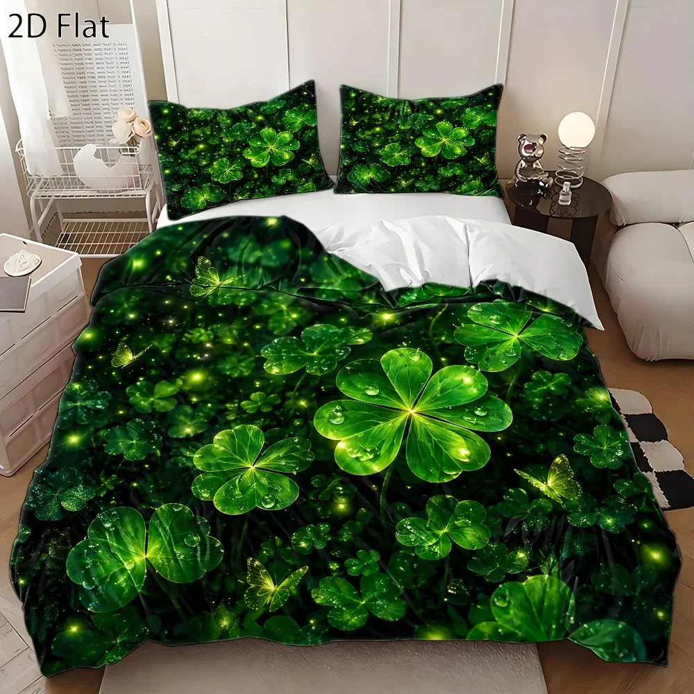 3Pc Lucky Clover Quilt Cover Set, Three-Piece Bedding Set (1*Quilt Cover + 2*Pillowcases), Suitable for All Seasons, Machine Washable, Invisible Zipper Design, Suitable for Home, Dormitory, Master Bedroom, Guest Room, Large Double Bed Cover, Fresh Natural Green Plant Style, with Dewdrop Butterfly Glow, Comfortable and Skin-Friendly Bedding, Creates a Cozy Sleep Atmosphere, Bedroom Bedding Set