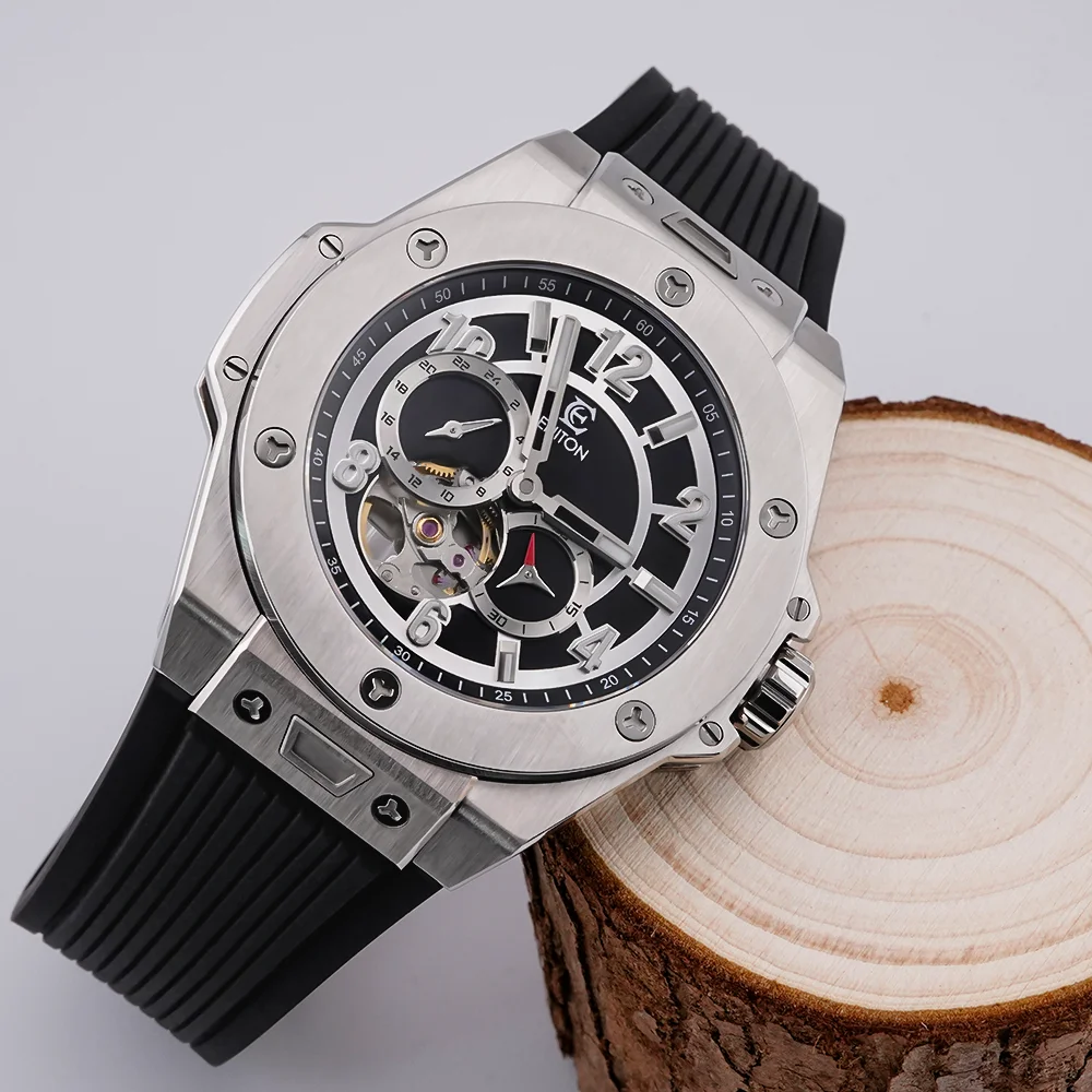 ساعة اليد الميكانيكية ENITON FKM Band 316L Steel 82S7 ساعة يد تعمل بالحركة اليابانية هيكل عظمي أوتوماتيكي ساعة مضيئة للرجال