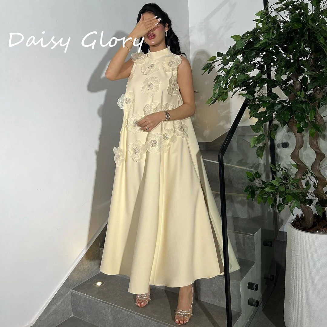 High Collar Prom Dresses Applique Light yellow Evening Party Gowns A-Line Strapless Floor Length Wedding Dress Saudi Arabia 2024