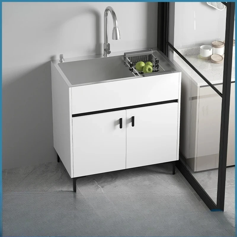 

Kitchen wash basin integrated cabinet household sink large single slot stainless steel thickened handmade sink with floor cabine
