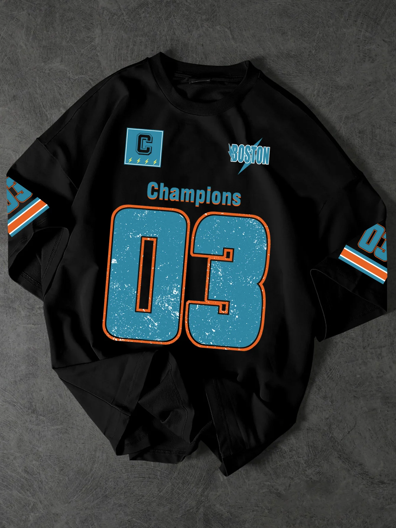 Men's American Retro Boston 03 Champions Printed T-Shirt, Loose Crew Neck Street Style Casual Top