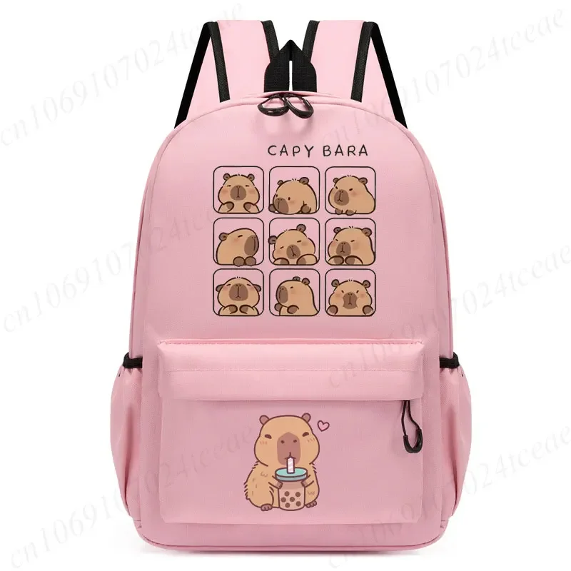 Cute Capybara Loves Bubble Tea Anime Backpack for School Kids Girls Leisure Simple Pink Schoolbag Anime Travel Backpack Bag