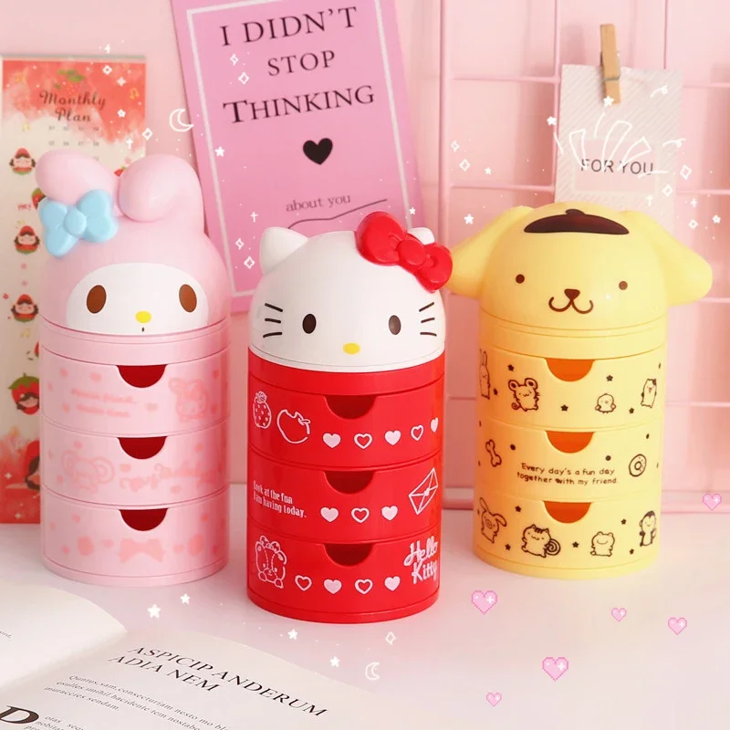 Cartoon Anime Sanrioed My Melody Pompom Purin Hello Kitty Jewelry Box Home Multilayer Drawer Bedroom Desktop Jewelry Storage Box