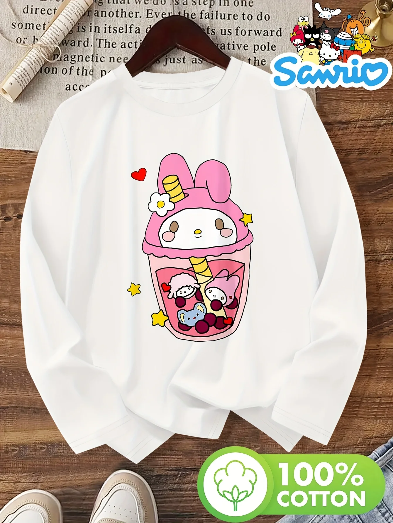 

Футболка с принтом Sanrio Melody, круглым вырезом и длинными рукавами, из высококачественной ткани, повседневная, подходит для машинной стирки.