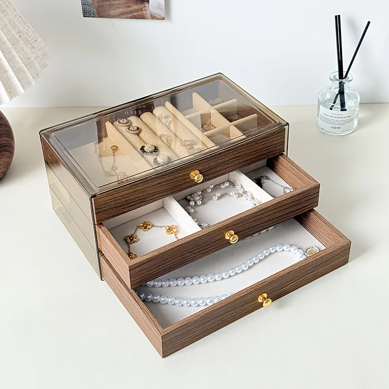 Three Layer Maillard Jewelry Box, Walnut Wood Texture, with Transparent Top Drawer Style Jewelry Storage Box. Save Space