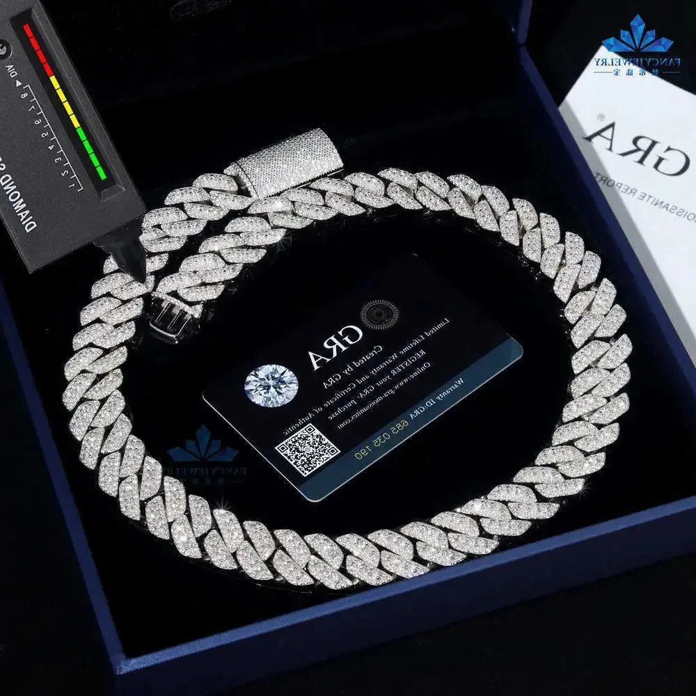 

Pass Tester 18mm Width 3 Rows Miami Cuban Necklace 7-24 Inches d Vvs Melee Round Moissanite Diamond 925s Hip Hop Link Chain