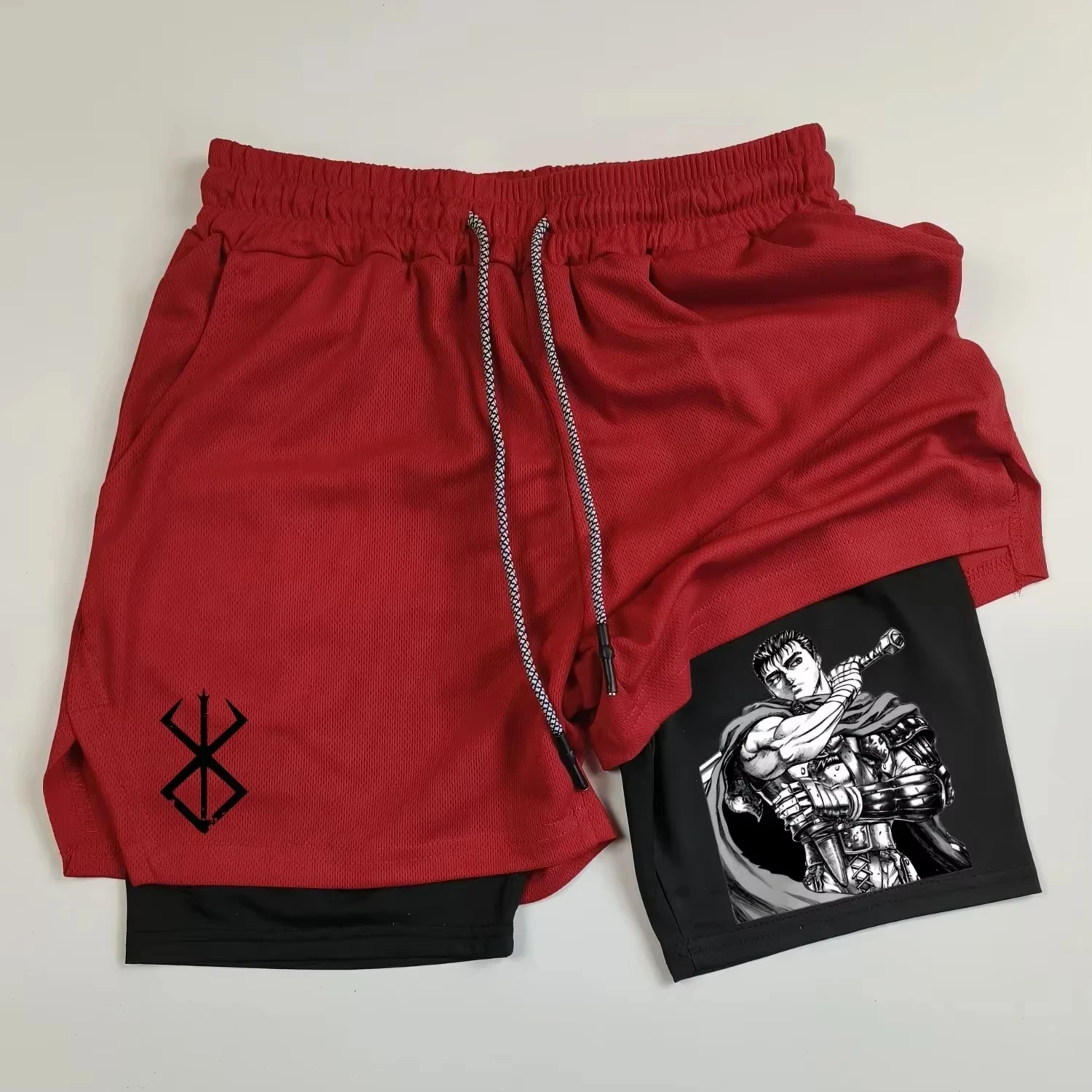 Anime Berserk Guts Men's 2 in 1 Sports Shorts Quick drying Breathable Fitness Running Shorts Outdoor gym shorts men