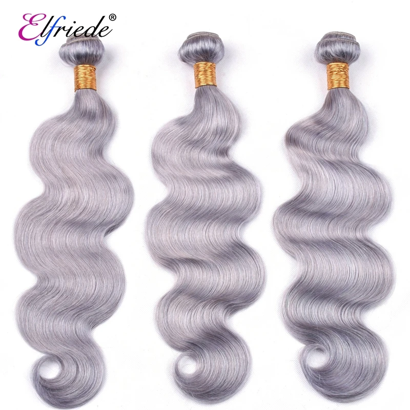 Elfriede #Grey Body Wave Hair Bundles with Frontal 100% Remy 12A Human Hair Weaves 3 Bundles with Lace Frontal 13x4 Preplucked