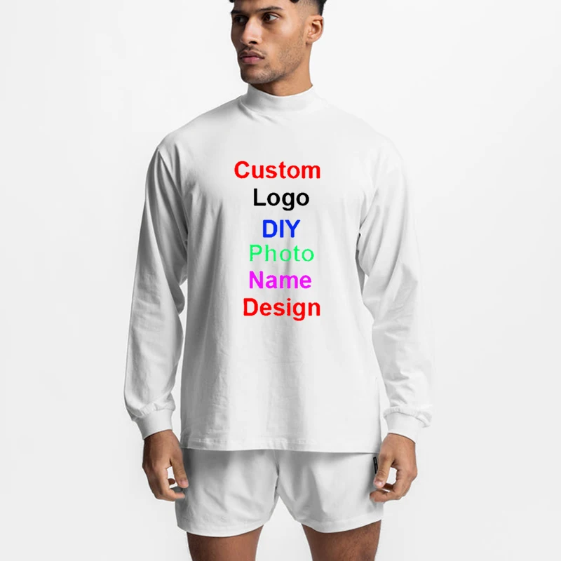 

DIY Customized Logo Brand Cotton Oversized T Shirt Men Turtleneck Drop Shoulders Long Sleeve Gym Fitness Loose Sports T-shirt