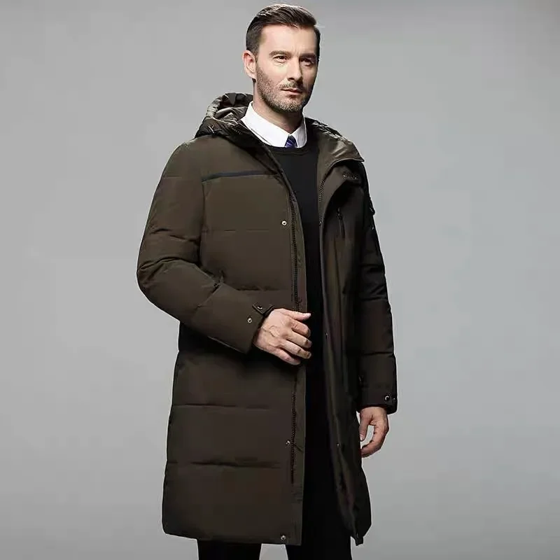 Abrigos largos de plumón de pato negro para hombre, chaquetas casuales con capucha, chaquetas cálidas a prueba de viento para exteriores de calidad,