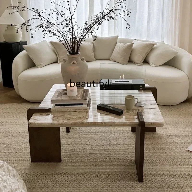 

French retro natural, marble coffee table living room home, ancient cream style in the tea table