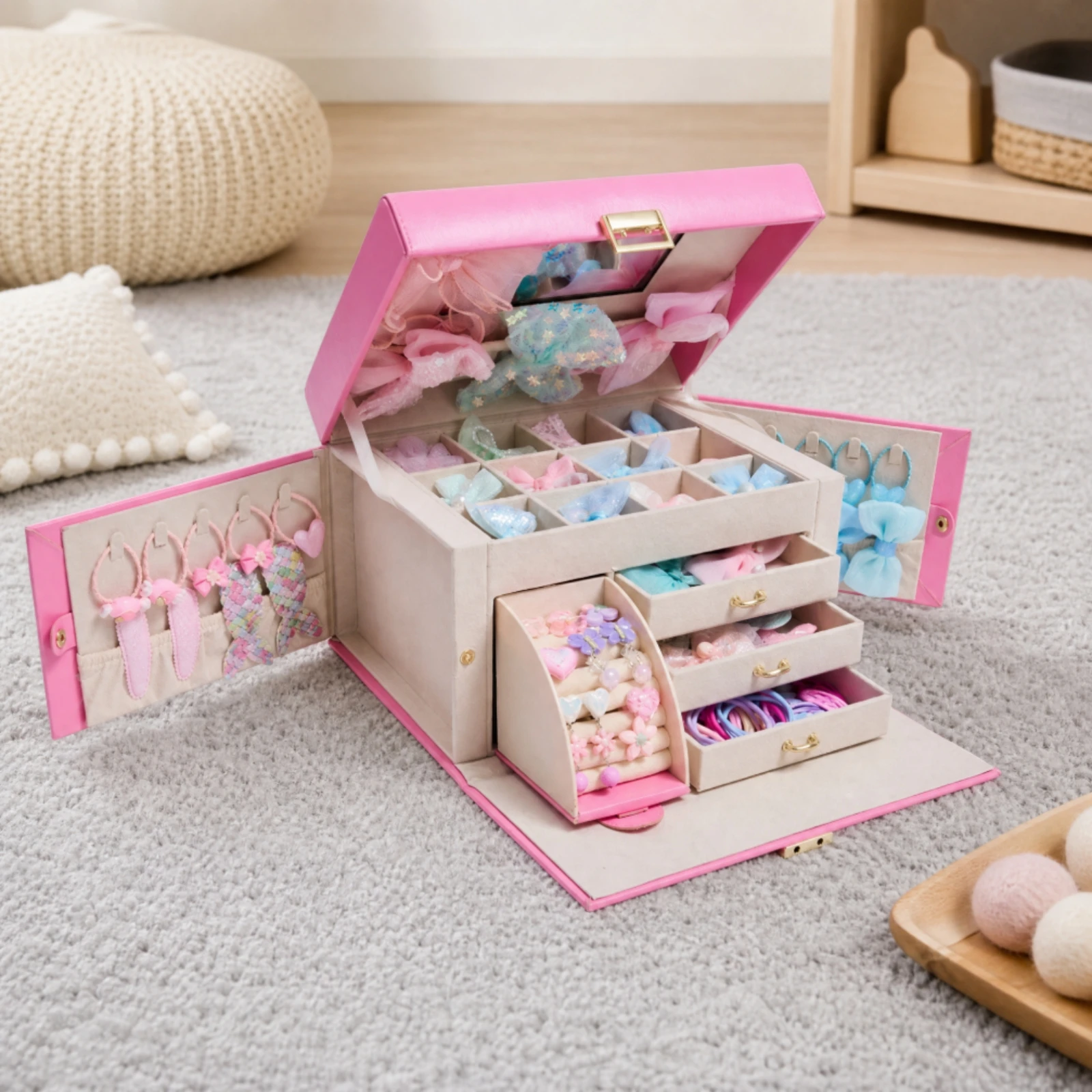 Storage Case Compartmentalized Hair Accessory Storage Case with Hair Accessories Portable Multi-Purpose for Girls, Dress-up Play