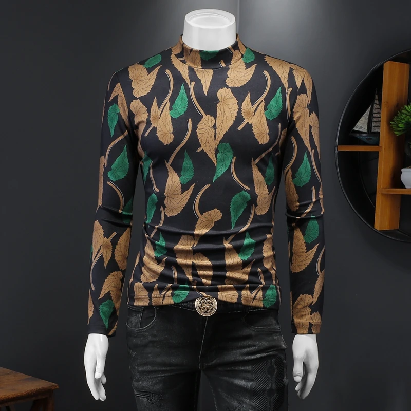 Creative Leaves 3D Print T Shirt For Men Long Sleeve Casual Slim Autumn Top Quality Velvet Smooth Easy Care Turtleneck Camisetas