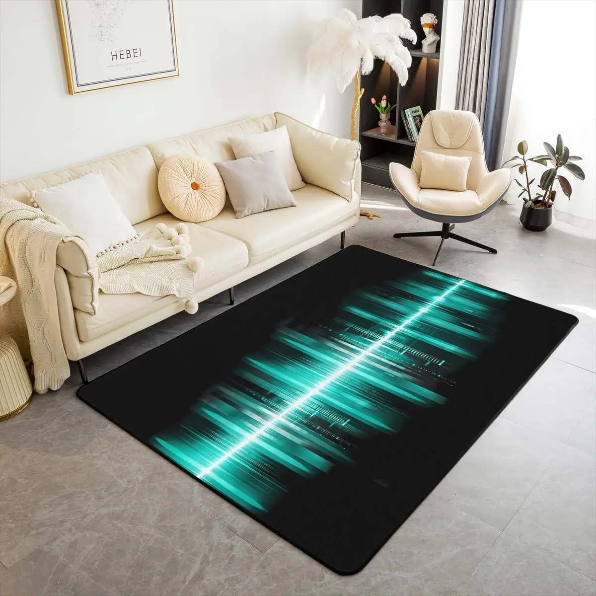 

Geometric Stripes Area Rug Turquoise Gradient Lines Non Slip Carpet for Kids Teens Adults,Abstract Neon Light Decorative