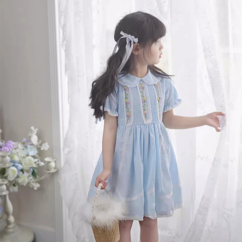 2024  Kids Spanish Clothes Baby Girls Flower Embrodiery HandMade Blue Dress with Big Bow Sleeve Children Outfit Elegant Frocks