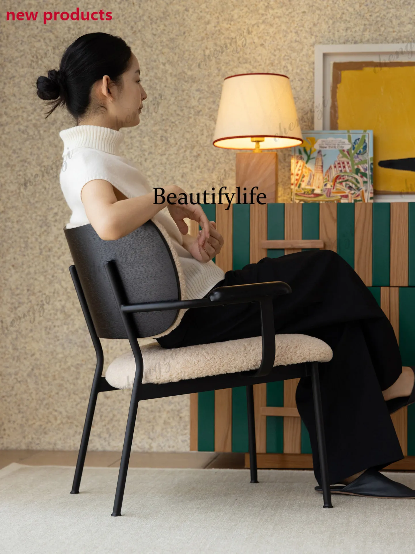 A139Armchair Lamb Fleece Nordic Cream Lounge Chair Restaurant