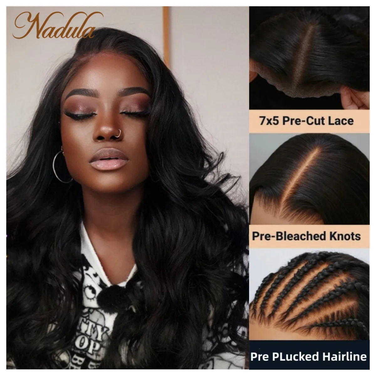 Nadula Human Hair 7x5 Bye Bye Knots Pre Cut Lace Wig Wear & Go Body Wave Wig Body Wave Pre Bleached Invisible Knots Glueless Wig