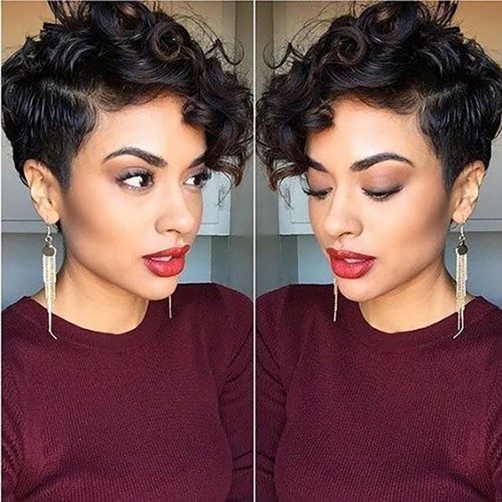 Black Short Curly Pixie Wigs Human Hair 100% Natural Realistic Full Machine Made For Women Bouncy Curl Style Trendy Daily