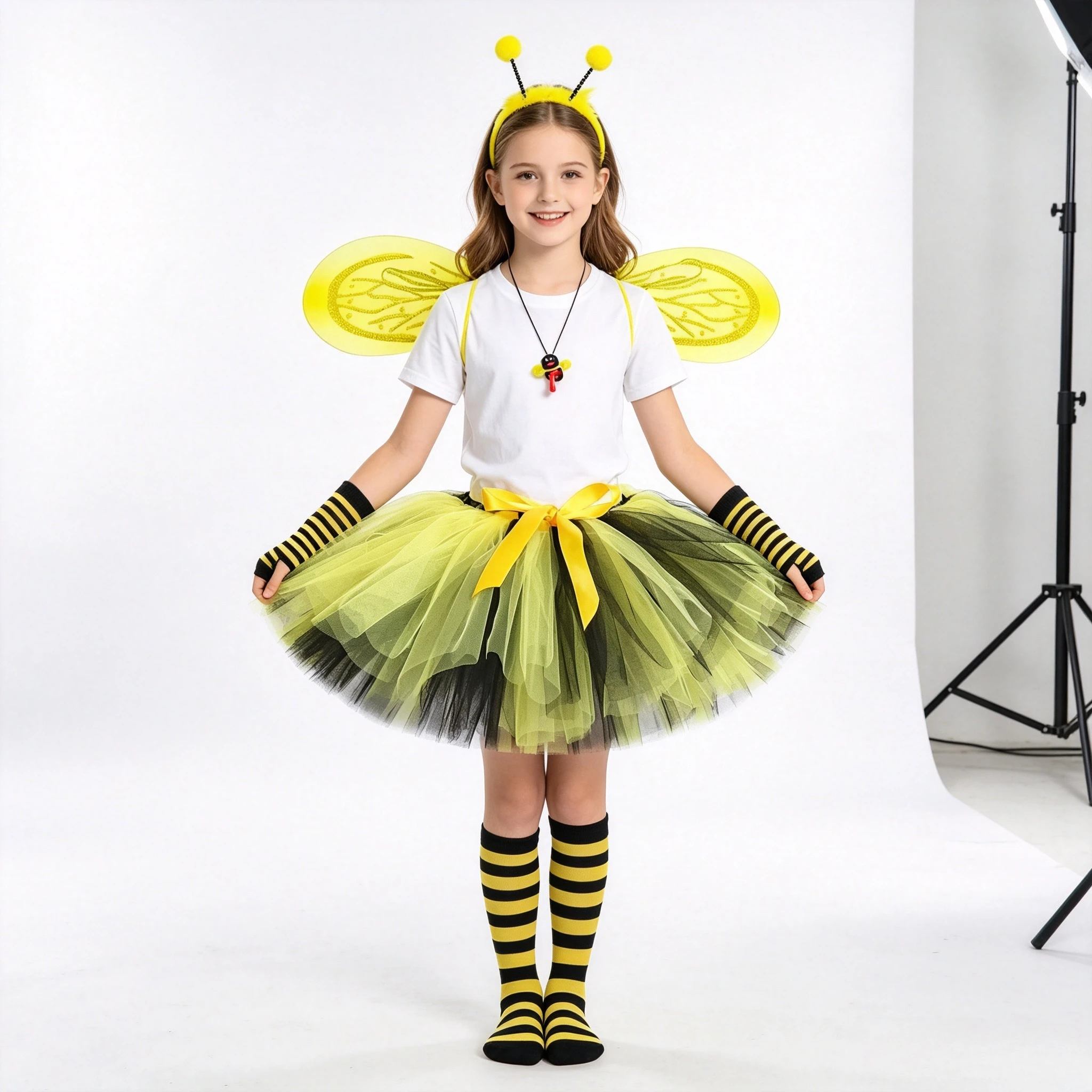 Children Cute Cartoon Yellow Bee Half Tutu Skirt With Wings Headband Wand Set For Halloween Masquerade Party Stage Performance