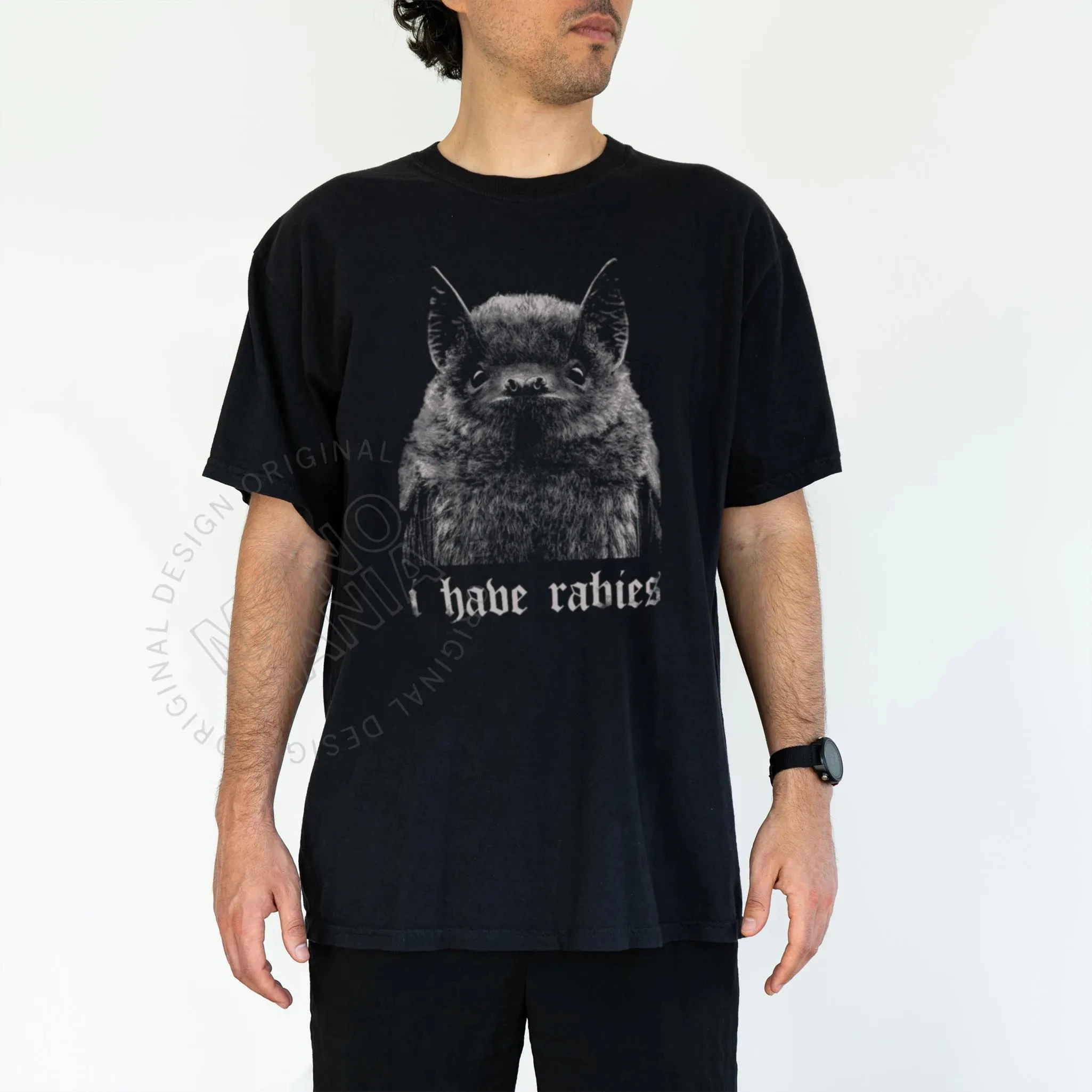 Camiseta con estampado de murciélago "I Have Rabies", Emoji peculiar de manga corta estilo retro Y2K, camisetas negras humorísticas para hombres y mujeres