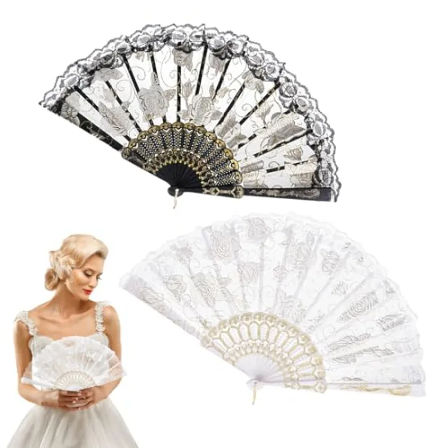 BelleVive 2 pièces Éventail pliable en dentelle de rose, Éventail en soie, Éventail à main, Éventail de mariage pliable comme C